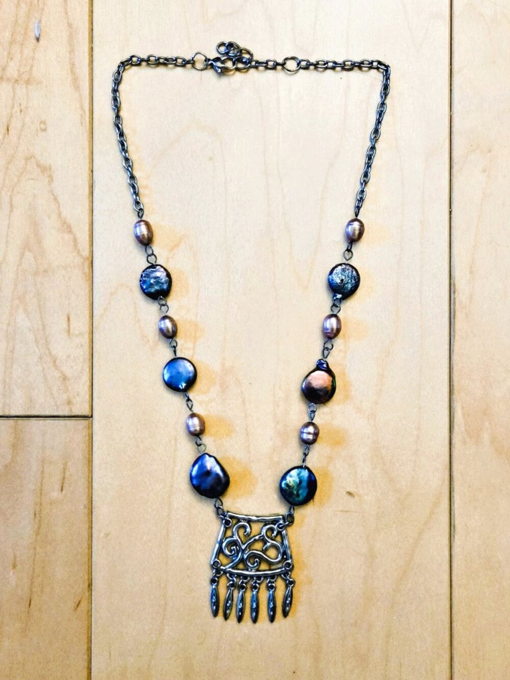 Necklace Handmade Iridescent Peacock Coin Pearls and Intricate Filigree Pendant
